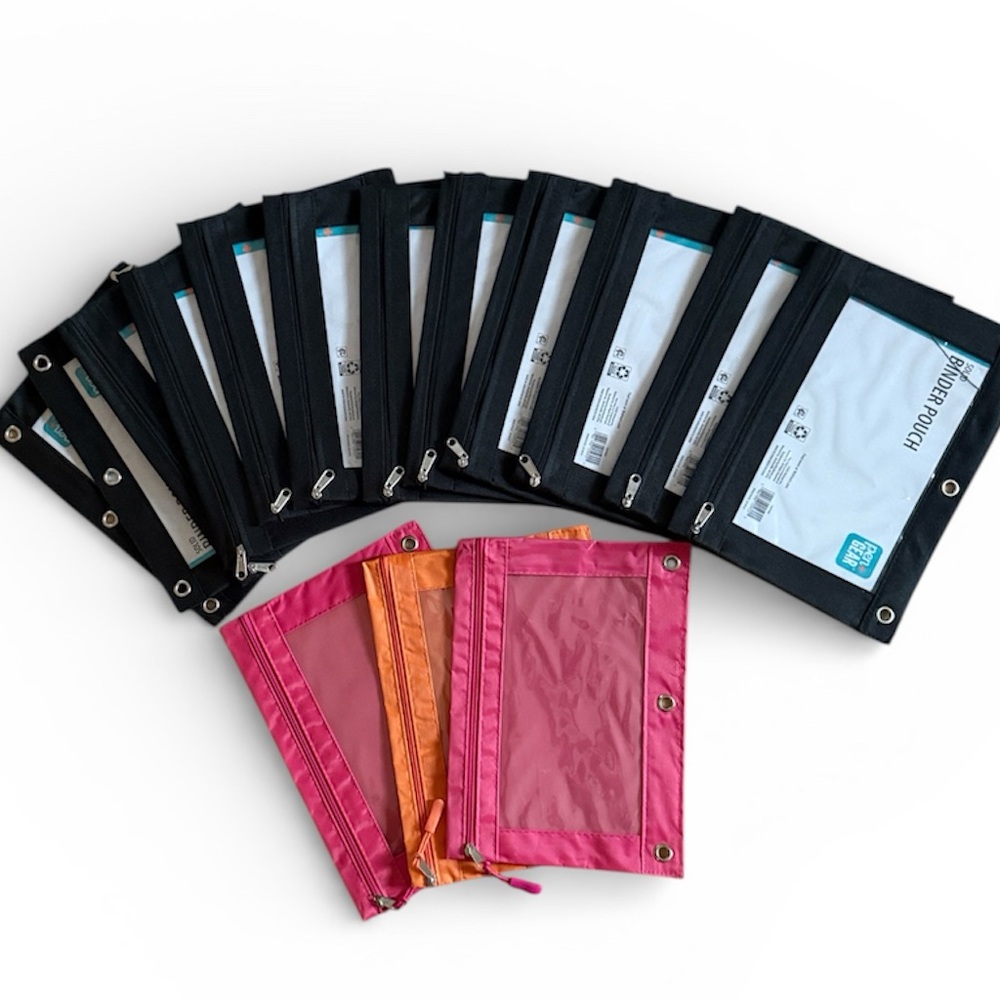 LOT OF 15 BLACK PINK ORANGE PENCIL POUCHES PEN & GEAR ZIPPER BINDER POUCH NWT